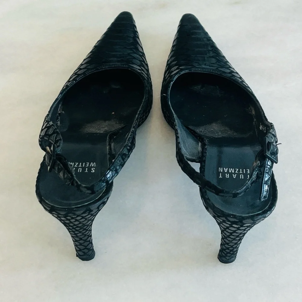 Stuart Weitzman Black Textured Snake Skin Slingback Pointed Heels Size 7 Narrow